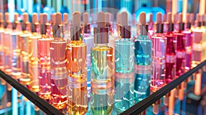 A series of colorful serums are lined up neatly on a mirrored tray each promising unique benefits for the skin photo