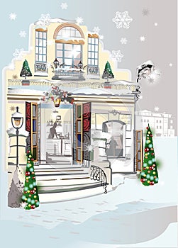 Series of colorful street views in the old city in winter. Hand drawn vector architectural background.