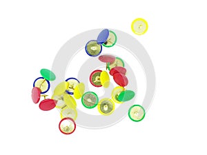 Series of colorful thumbtacks isolated on a white background. Decorative thumbtacks in yellow, red, green, and blue colors