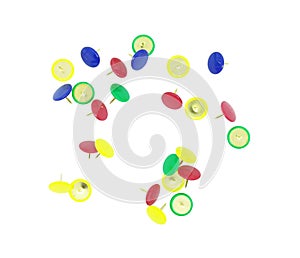 Series of colorful thumbtacks isolated on a white background. Decorative thumbtacks in yellow, red, green, and blue colors