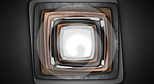 A series of concentrically arranged square frames forms a tunnel-like visual. Each