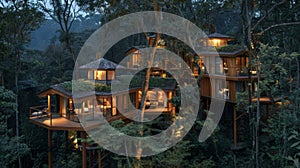 A series of cozy and luxurious treehouse suites perched high in the treetops offering a tranquil and comfortable sleep a photo