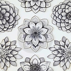 A series of detailed, hand-drawn floral mandalas with meticulous hatching, showcasing the intricate beauty of monochrome