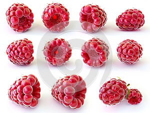 A series of different raspberries on a white background
