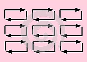 A series of duplicating looping black arrows symbols as in a playback light pink rose backdrop