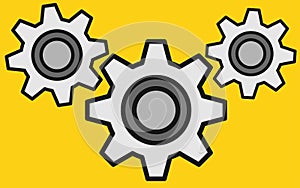 A series of eight teeth grey gear trains mesh bright yellow backdrop