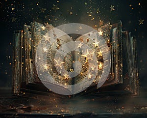 A series of enchanted books, each open to a page with a different number of glowing stars above it, indicating reviews , no grunge