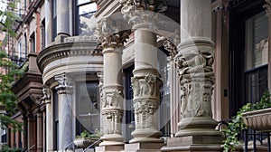 A series of evenly spaced columns with elaborate capitals supporting a covered entranceway leading into a townhouse