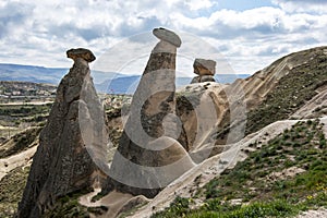 A series of fairy chimneys near Urgup in the Cappadocia region of Turkey.
