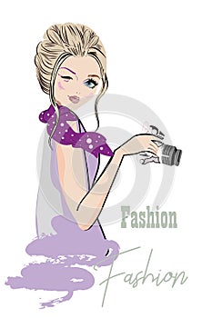 Series of Fashion cute girls sketches with accessories. Beautiful women.