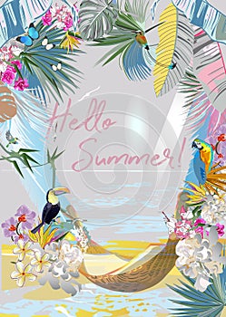 Series of Floral backgrounds with tropical summer and spring flowers, palm leaves, animals, birds near the beach.