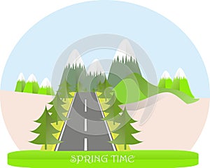 Series four seasons. Mountain landscape, road in spring time, fir trees. Modern flat design, design element