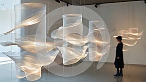 A series of hanging mobiles made of translucent strings depicting the graceful movements and interactions of particles photo