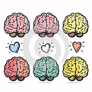 Series human brain illustrations cartoon style colors varying pink, yellow, red, turquoise