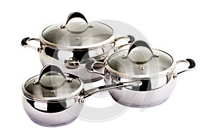 Series of images of kitchen ware. Pan set photo