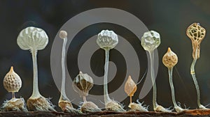 A series of images showcasing the different stages of spore formation from initial growth to dehiscence and release into