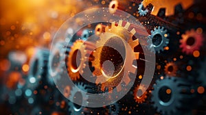 A series of interconnected gears and cogs spin and rotate representing the intricate inner workings of a corporations photo