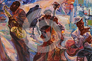 series `Jazz People.` Artist Roman Nogin, oil painting, bright color, jazz, singer, musician