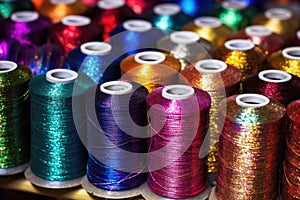 a series of large spools with iridescent silk thread