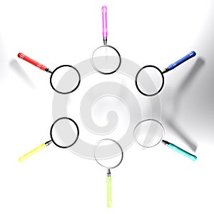 Series of magnifiers in a circle - 3D rendering photo