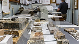 A series of microscope slides with different samples of volcanic rock are laid out on a table ready for ysis. In the