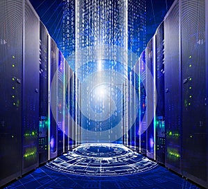 Series of modern supercomputers server room data center into futuristic cyberspace