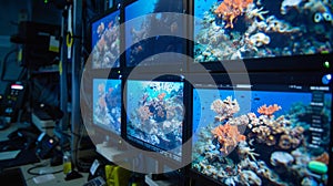 A series of monitors in a control room display realtime data from ocean temperature and salinity sensors as well as