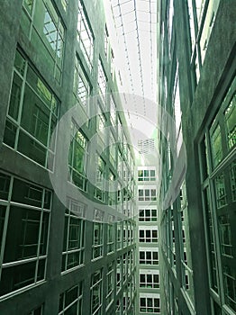 Series of narrow claustrophobia courtyard with glass window