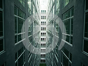 Series of narrow claustrophobia courtyard with glass window