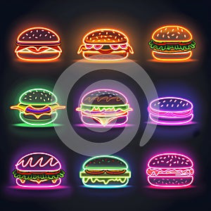 series of neon burger icons featuring classic options, illuminated in neon colors, ideal for jazzing up fast food joint signage