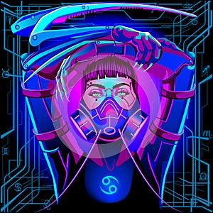 A series of neon Horoscope signs, in the style of cyberpunk. Zodiac Sign: Cancer