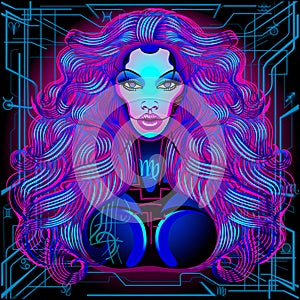 A series of neon Horoscope signs, in the style of cyberpunk. Zodiac Sign: Virgo