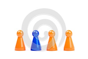 A series of orange game pieces and one different and exceptional blue figure as leader or boss, isolated on a white background