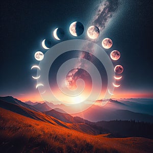 series of phases of the moon over a beautiful landscape of rolling hills and a sunset. The background also includes a galaxy.
