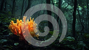 A series of photographs showcasing a mysterious glowing fungus growing in the darkness of a dense forest. The vibrant