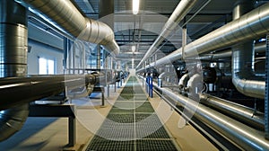 A series of pipes running through the factory carrying biogas produced from anaerobic digestion. This innovative process