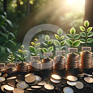 A series of plants growing next to a pile of coins