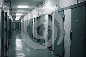 Series of prison cells, showcasing uniformity and emptiness