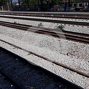 A series of railways on top of split stones,