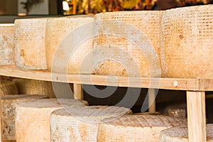 series of round forms of aged cheese for sale in the local market