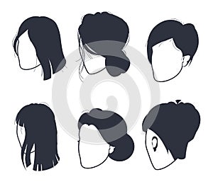 A series of silhouettes of women with different hair styles.