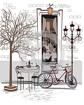 Series of sketches of beautiful old city views with cafes