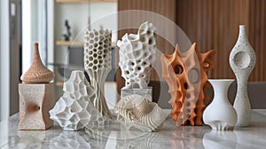 A series of small 3Dprinted sculptures sit on a table each one showcasing a different material and design possibility