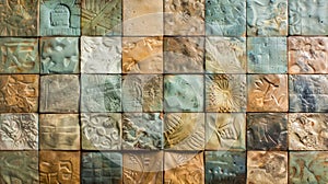 A series of small clay tiles with handcarved imprints giving them a rustic and individualized look when installed as a