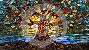 A series of smaller intricate stained glass panels are arranged to create a mosaiclike image of the Tree of Life. With