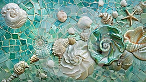 A series of smaller panels featuring a variety of seashell shapes in shades of sea green and turquoise arranged in a