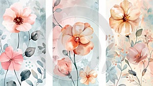 A series of soft pastel watercolor paintings featuring delicate flowers and leaves in serene shades of pink and blue