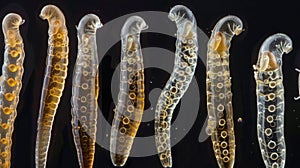 A series of soil nematodes in different stages of development from hatchlings to adults. Each nematode is shown in high