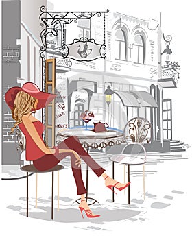 Series of the street cafes with a beatiful girl in red in the old city, photo