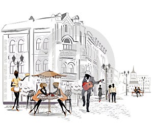 Series of street cafes in the city